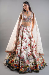 White Silk Printed Lehenga Set Featuring Miniature Painted Border