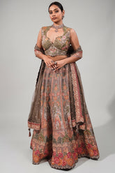 Olive Green Silk Lehenga Set featuring Cutout Halter-Neck Blouse