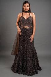 Charcoal Brown Net Lehenga Set with Wave-Patterned Cutdana and Sequin Sweetheart Bustier