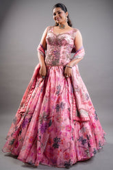 Rose Pink Printed Organza Lehenga featuring Cutdana and Pearl-Embellished Bustier