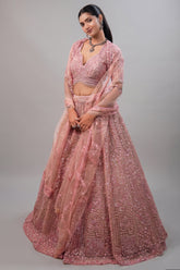 Blossom Pink Net Lehenga featuring Hand-Embellished V-Neck Blouse with Hanging Beads