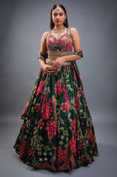 Emerald Green Printed Organza Lehenga featuring Sunburst Sequin and Diamond Bustier
