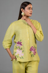 Chartreuse Yellow Cotton Linen Co-Ord Set with Sequin and Beaded Patch Work