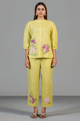 Chartreuse Yellow Cotton Linen Co-Ord Set with Sequin and Beaded Patch Work