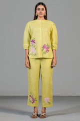Chartreuse Yellow Cotton Linen Co-Ord Set with Sequin and Beaded Patch Work