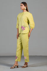 Chartreuse Yellow Cotton Linen Co-Ord Set with Sequin and Beaded Patch Work