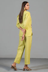 Chartreuse Yellow Cotton Linen Co-Ord Set with Sequin and Beaded Patch Work