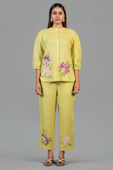 Chartreuse Yellow Cotton Linen Co-Ord Set with Sequin and Beaded Patch Work