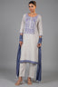 Off White Linen Straight Cut Contrast Embroidered Kurti Set