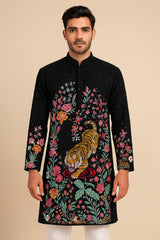 Black Georgette Floral Thread Embroidery Sequin Work Kurta Set with Animal Motifs