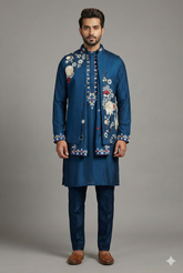Blue Jodhpuri Kurta Set in Silk with Multi Colored Embroidery and Beads Work Jacket