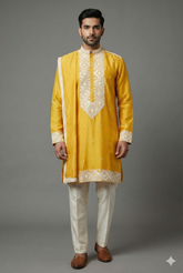 Yellow Silk Mirror Embroidered Kurta Pajama
