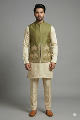 Olive Green Modal Silk Kurta Set with Zardosi Cutdana Worked Jacket