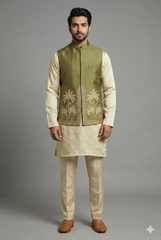 Olive Green Modal Silk Kurta Set with Zardosi Cutdana Worked Jacket