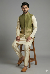 Olive Green Modal Silk Kurta Set with Zardosi Cutdana Worked Jacket