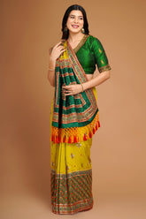 Olive Green Silk Broad Embroidered Border Saree with Tassels