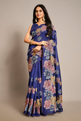 Blue Tussar Art Silk Saree with Floral Thread Embroidery