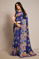 Blue Tussar Art Silk Saree with Floral Thread Embroidery