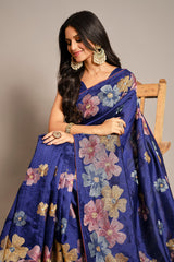Blue Tussar Art Silk Saree with Floral Thread Embroidery