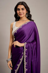 Deep Violet Satin Crepe Silk Saree with Diamond Embellishment Border