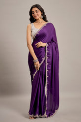 Deep Violet Satin Crepe Silk Saree with Diamond Embellishment Border