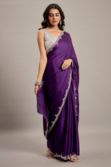 Deep Violet Satin Crepe Silk Saree with Diamond Embellishment Border