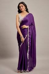 Deep Violet Satin Crepe Silk Saree with Diamond Embellishment Border