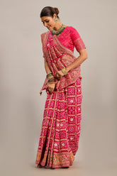 Pink Georgette Checks Bandhej Woven Saree with Pitta and Cutdana Work