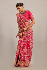 Pink Georgette Checks Bandhej Woven Saree with Pitta and Cutdana Work
