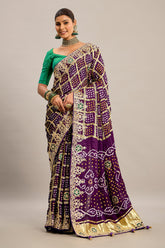 Purple Gaji Silk Checks Bandhej Saree with Pitta Work