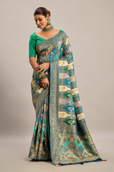 Teal Green and Multi Colored Satin Silk Woven Saree
