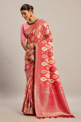 Pink and Multi Colored Satin Silk Woven Saree