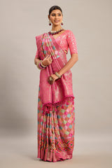 Pink and Multi Colored Satin Silk Moroccan Design Bandhej Woven Saree