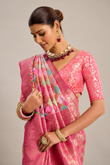 Pink and Multi Colored Satin Silk Moroccan Design Bandhej Woven Saree