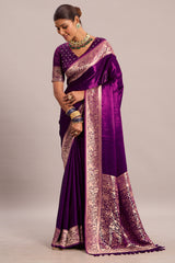 Mulberry Purple Satin Gaji Silk Saree with Woven Animal and Bird Motifs Border