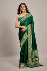 Dark Green Satin Silk Saree with Elephant Motifs Border