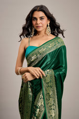 Dark Green Satin Silk Saree with Elephant Motifs Border