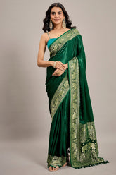 Dark Green Satin Silk Saree with Elephant Motifs Border
