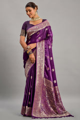 Palatinate Purple Satin Silk Bird and Animal Motif Woven Saree