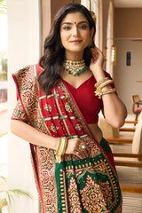 Maroon Semi Silk Checks Embroidered Traditional Gharchola Saree