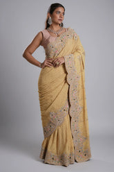 Light Yellow Designer Lucknowi Chikankari and Zardosi Worked Saree with Mukaish Work