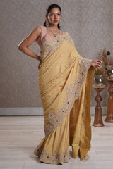 Light Yellow Designer Lucknowi Chikankari and Zardosi Worked Saree with Mukaish Work