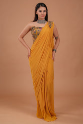 Mustard Yellow Lycra Net Readymade Plain Saree with Patch