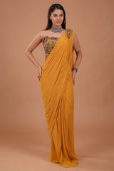 Mustard Yellow Lycra Net Readymade Plain Saree with Patch