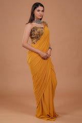 Mustard Yellow Lycra Net Readymade Plain Saree with Patch