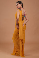 Mustard Yellow Lycra Net Readymade Plain Saree with Patch