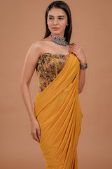 Mustard Yellow Lycra Net Readymade Plain Saree with Patch
