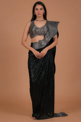 Black Net Readymade Saree with Sequinned Work