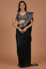 Black Net Readymade Saree with Sequinned Work