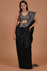 Black Net Readymade Saree with Sequinned Work